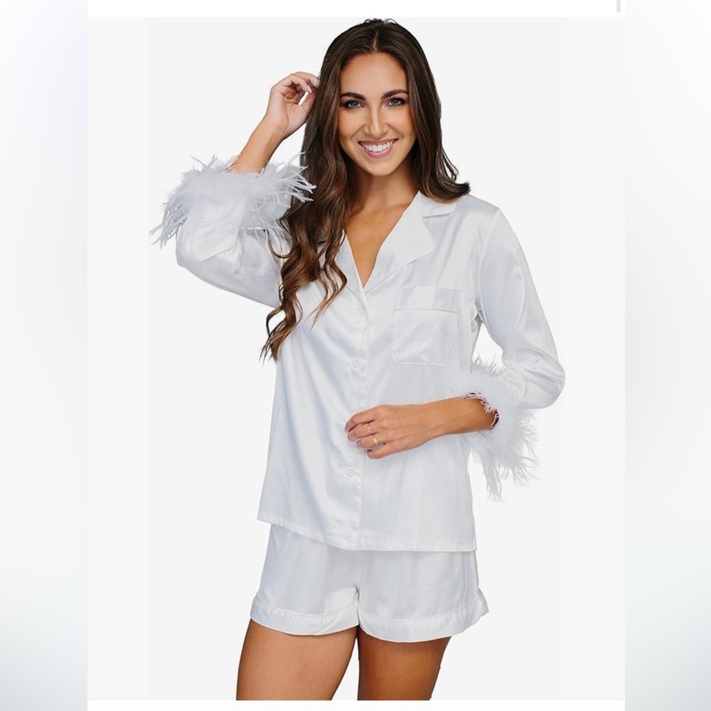 White Feather Trim Pajama Set